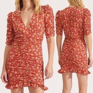 Veronica Beard Josephine‎ Floral Print Ruched Silk Mini Dress Red Yellow Size 2
